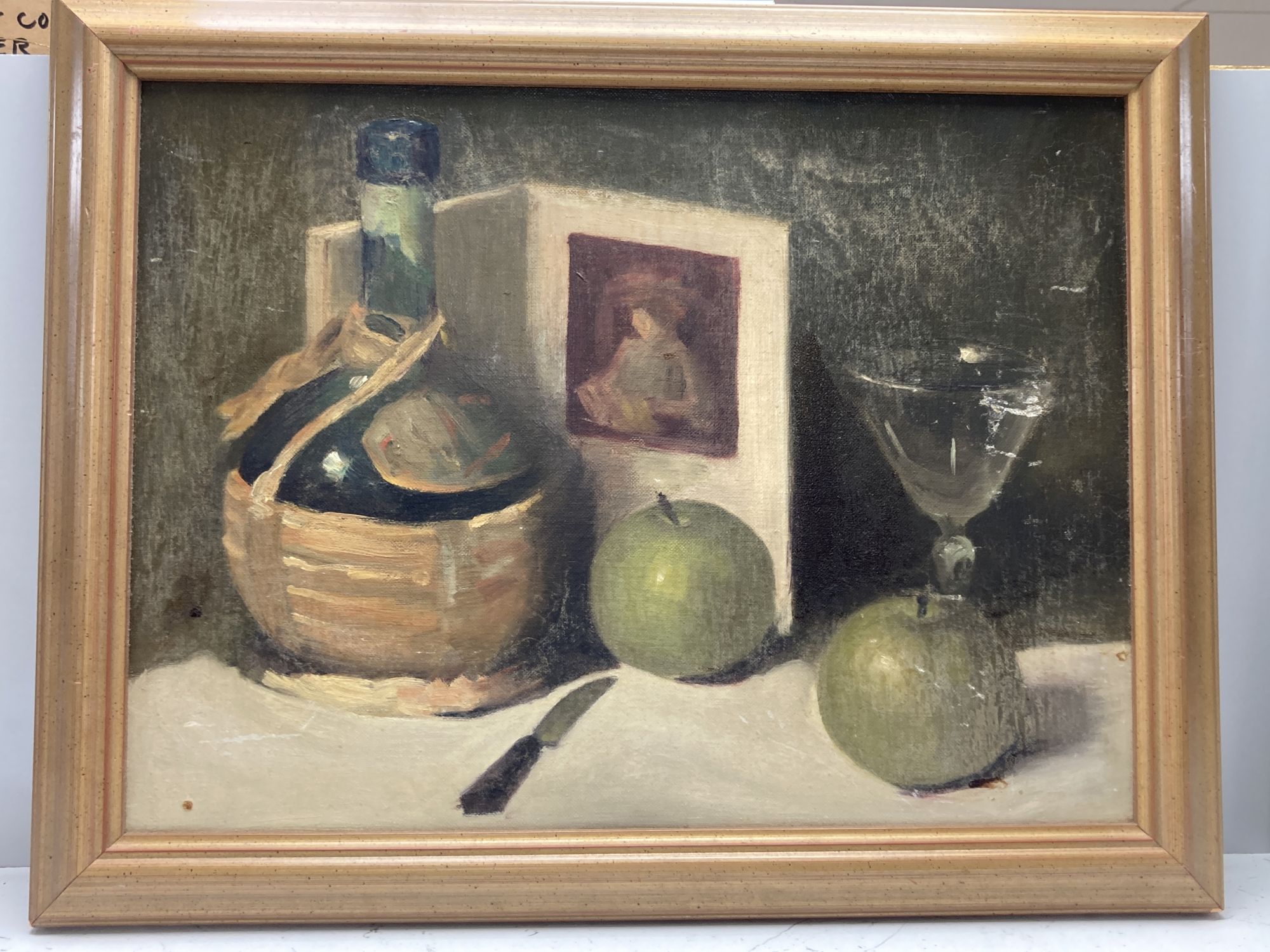 Modern British, oil on board, Still life with apples, 29 x 39cm
